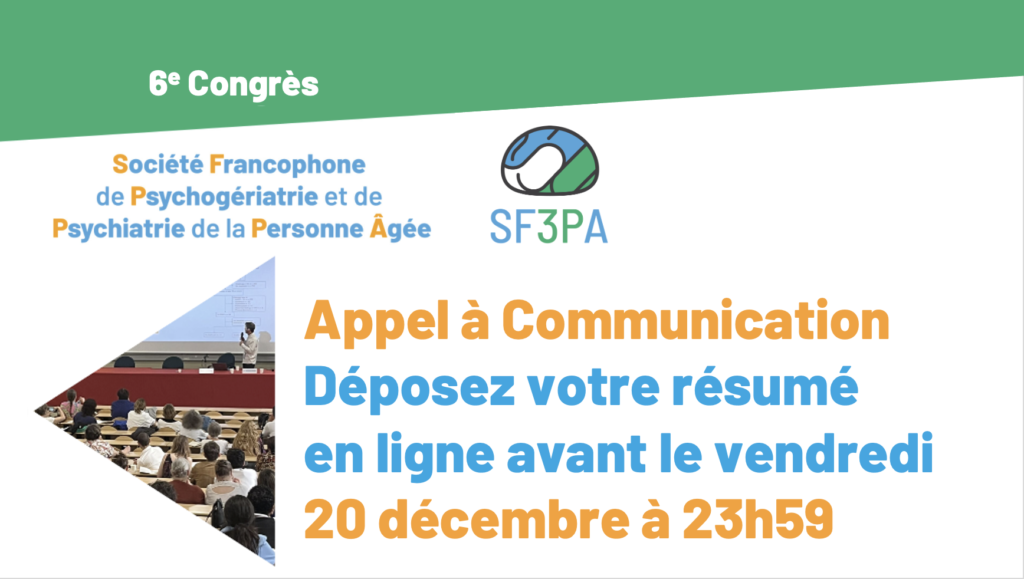 Vous avez des idées de communications pour notre prochain congrès qui se tiendra à Paris les 4 et 5 JUIN 2025.
Déposez votre résumé en ligne jusqu'au vendredi 20 décembre 2024 =>ICI

Le thème est : Représentations du vieillissement : arts, culture et société